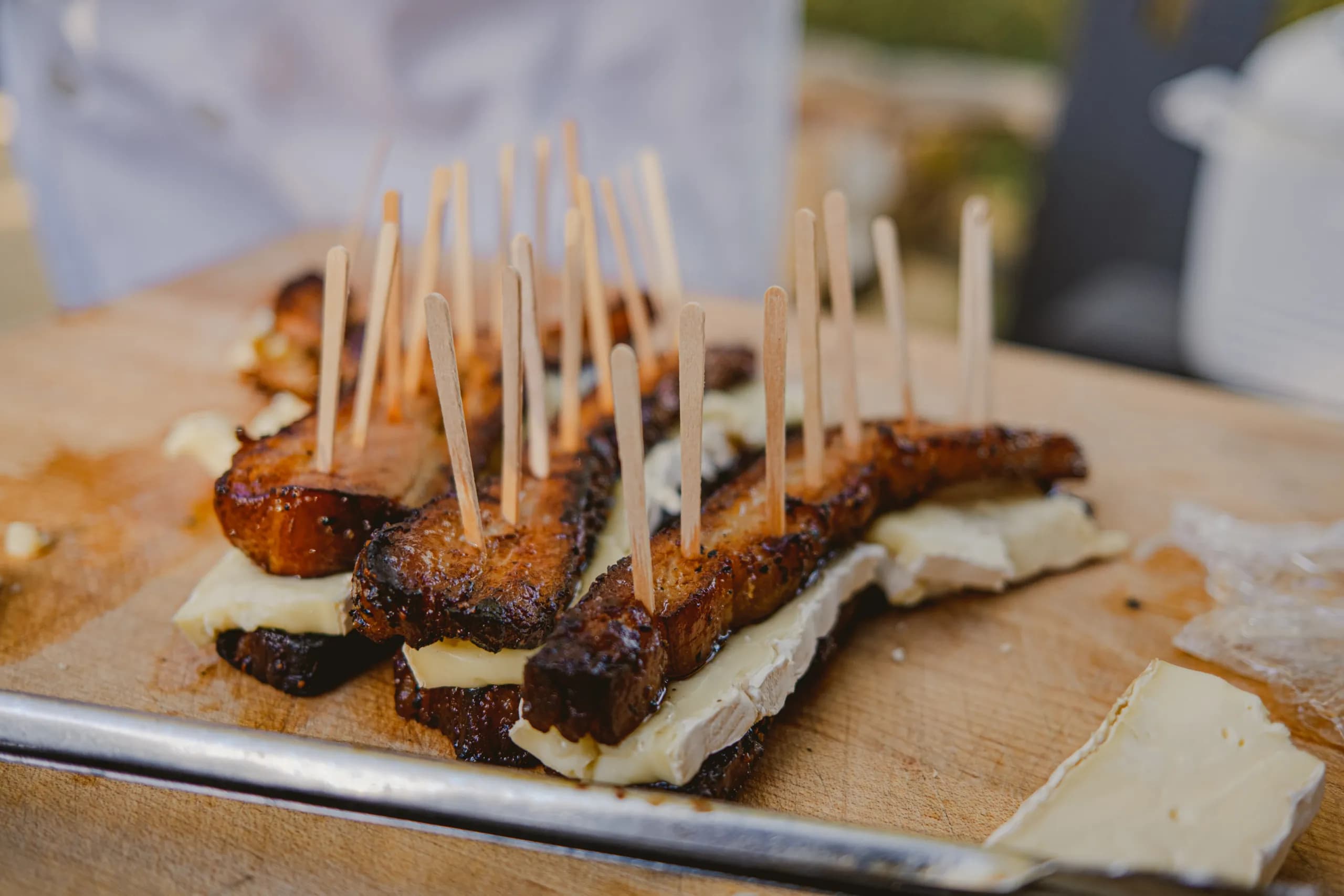 brie and meat on a skewer