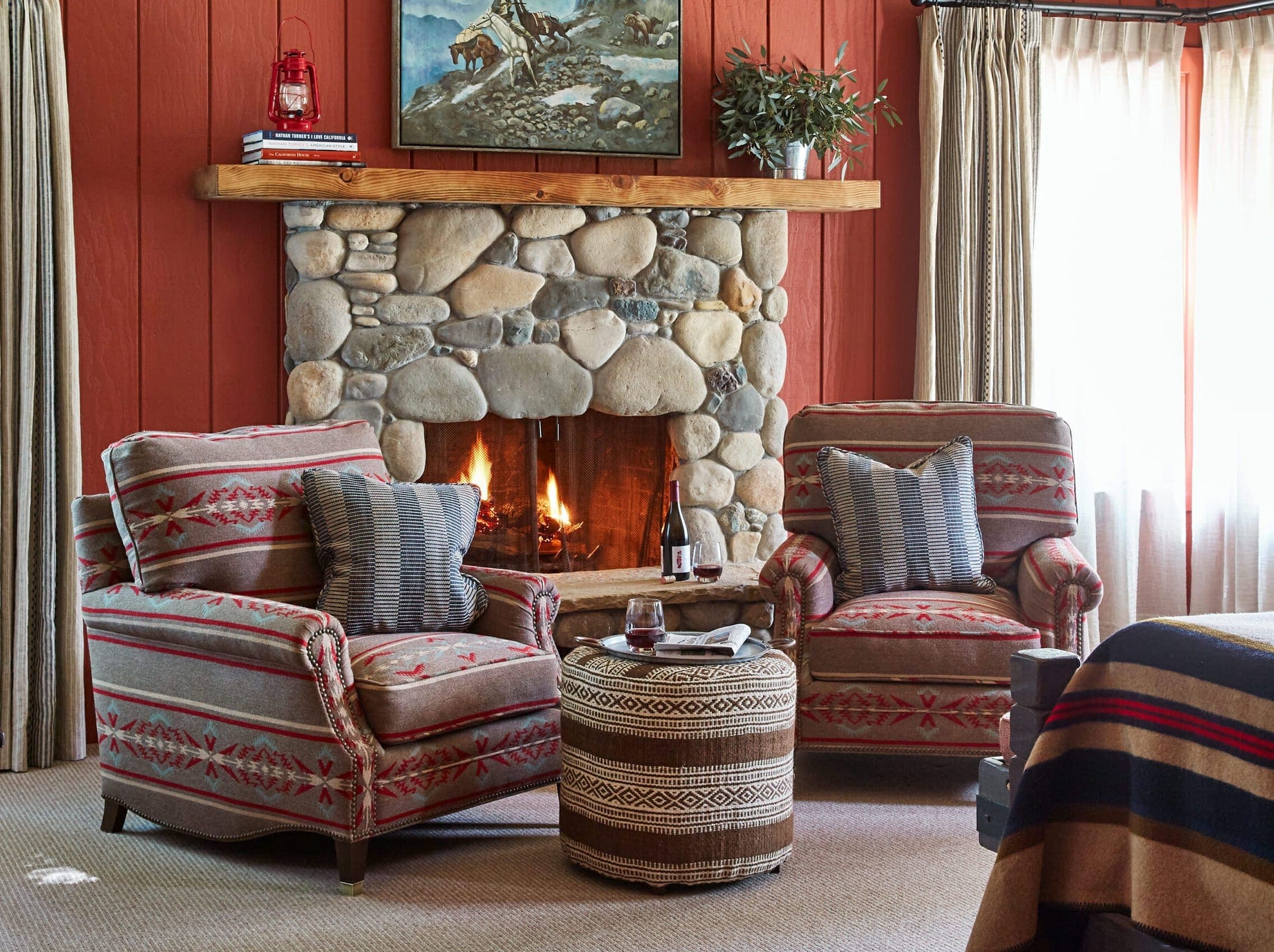 seating area and fireplace inside Sycamore house