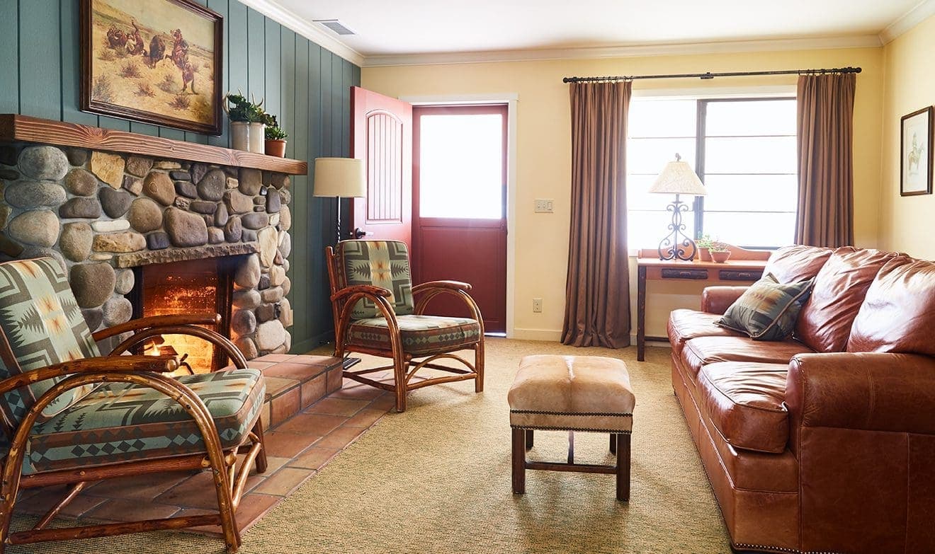 seating area with fireplace in Pete's cottage