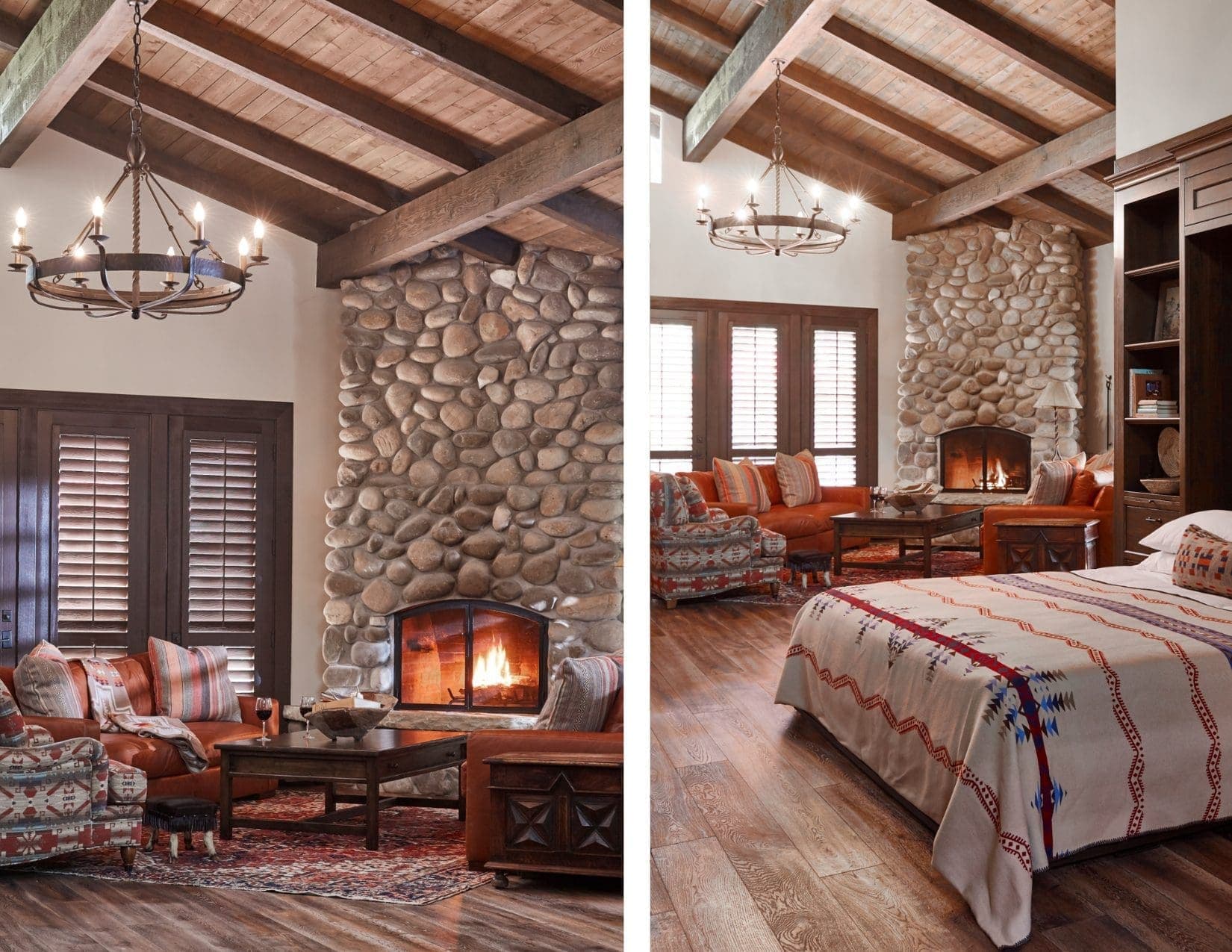 Jacson house interior. Lounge with fireplace and bedroom