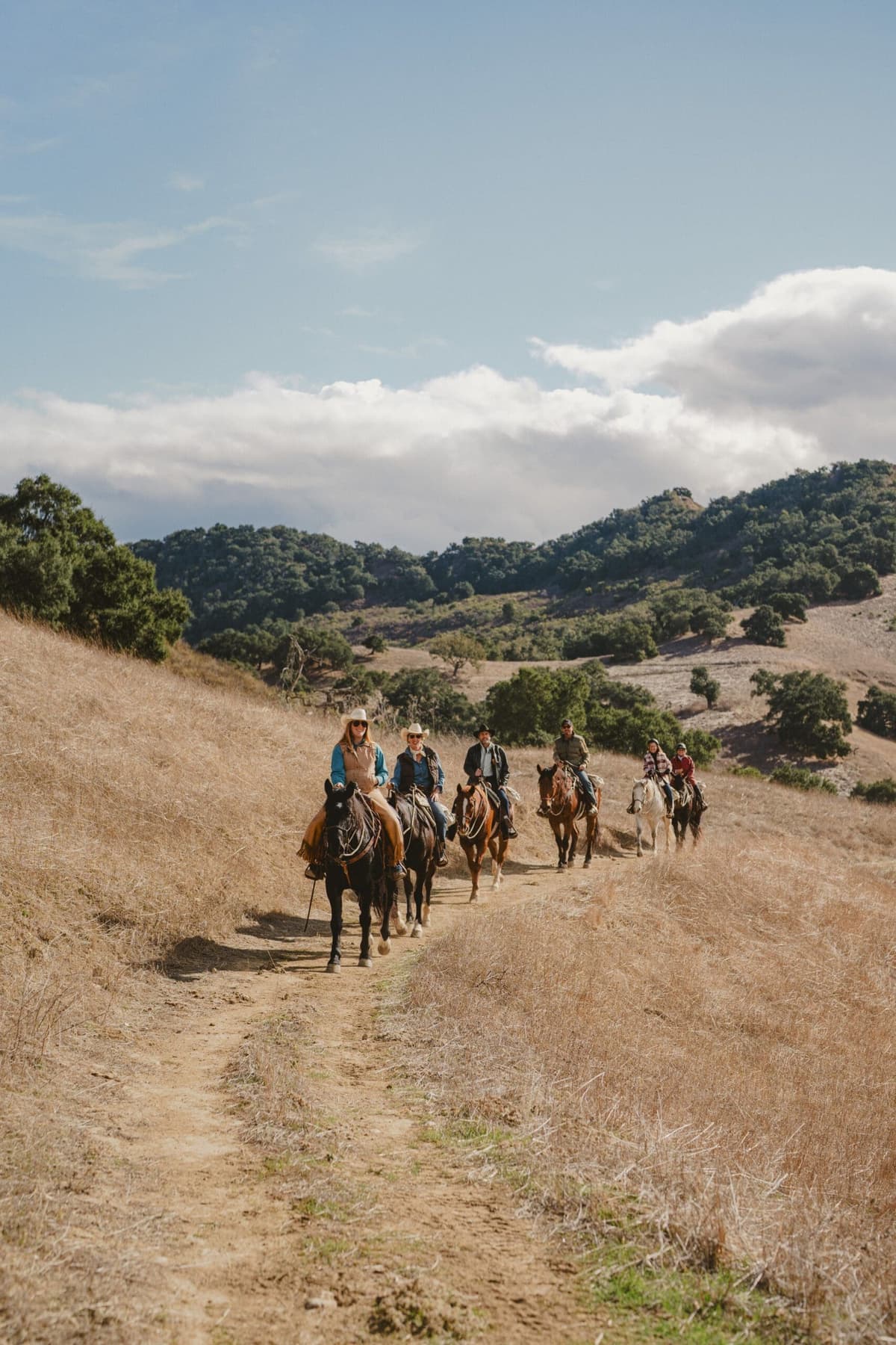 group of people riding horse on a grass field
