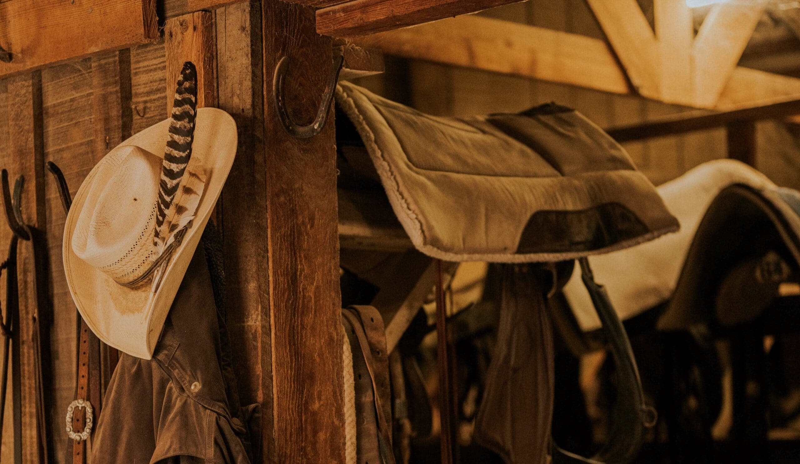 saddles and cowboy hat hung on wall