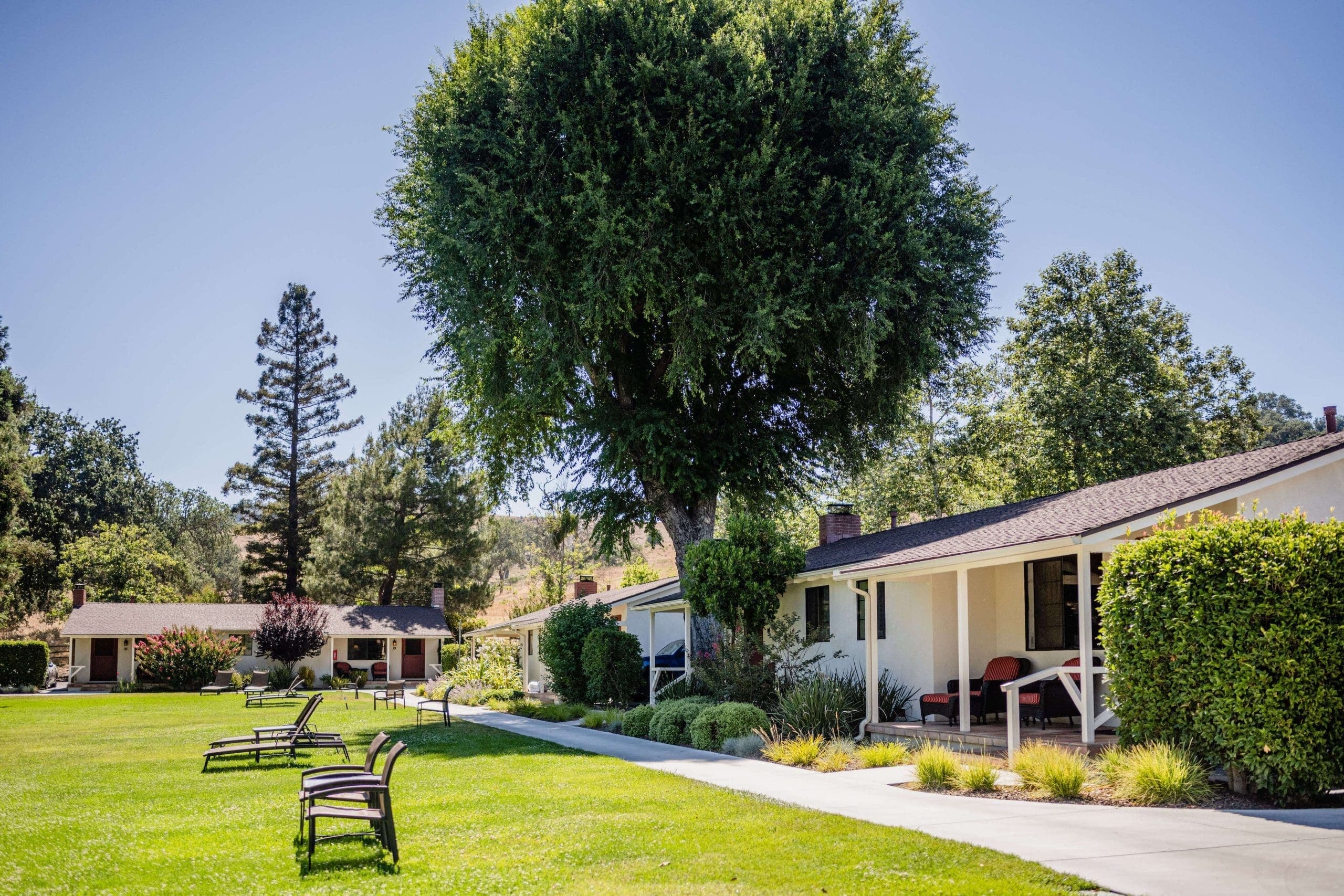 accommodation exterior with lounge chairs on the grass infront