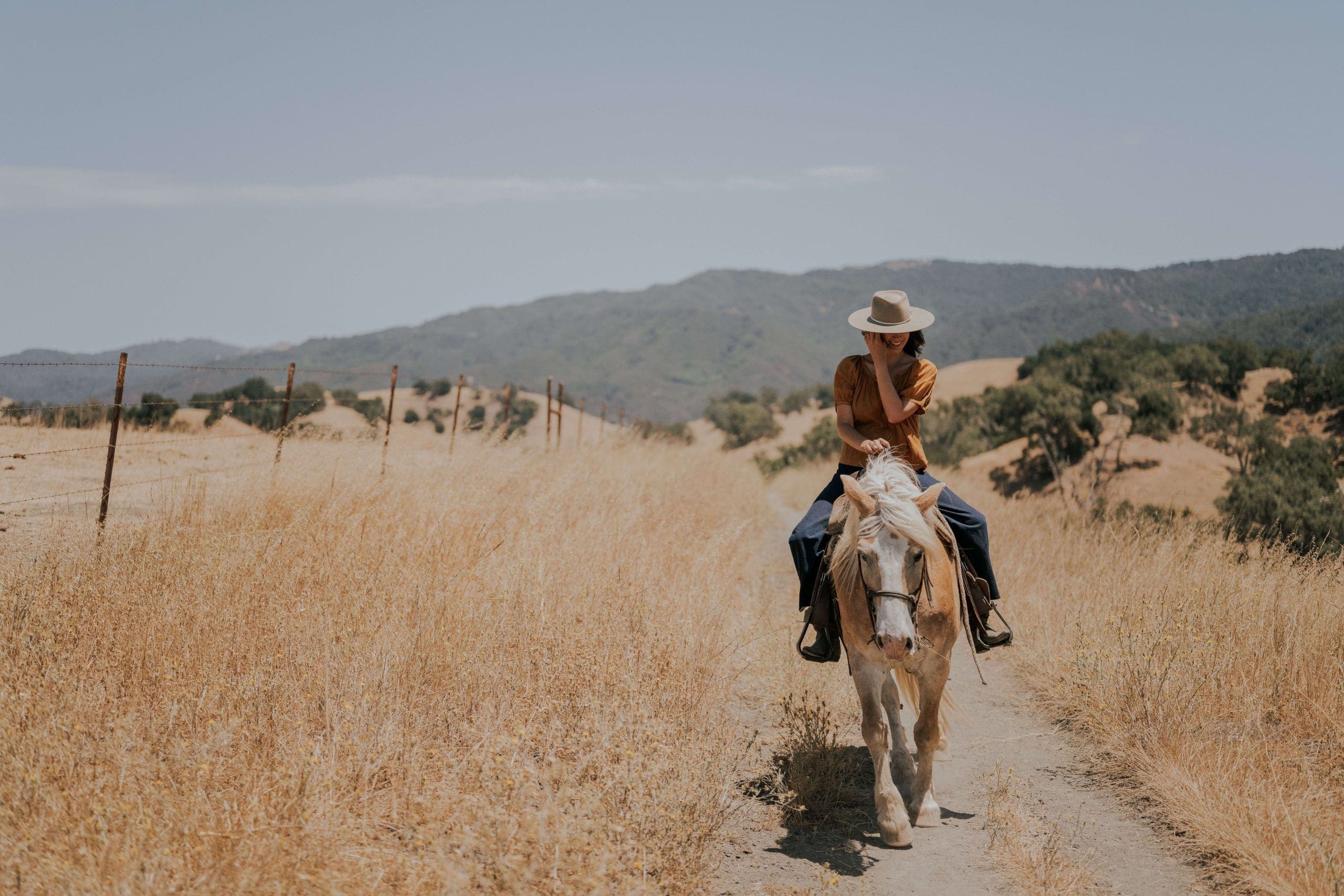 person riding a horse along the grass pathway