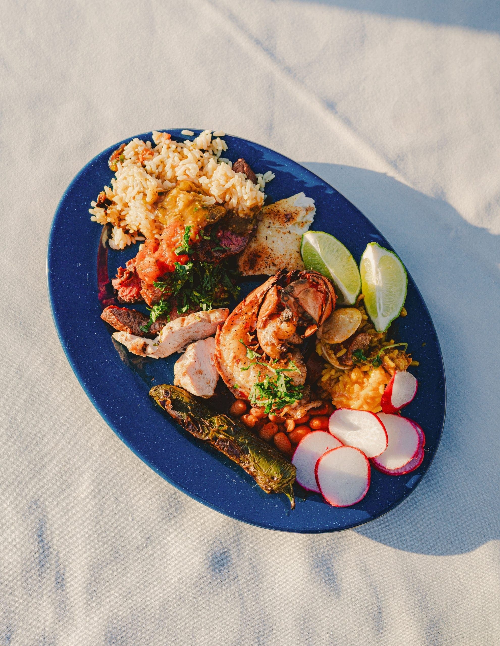 plate of rice, meat, lobster and vegetables