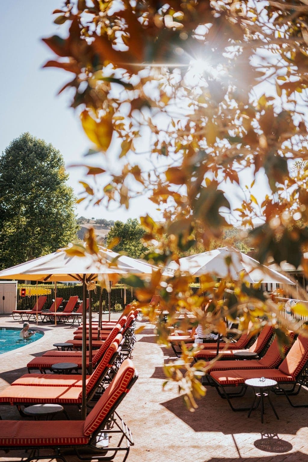 side view of outdoor pool and lounge chairs