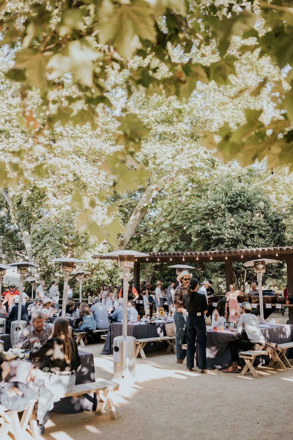 outdoor dining setting in the daytime with people sitting and standing