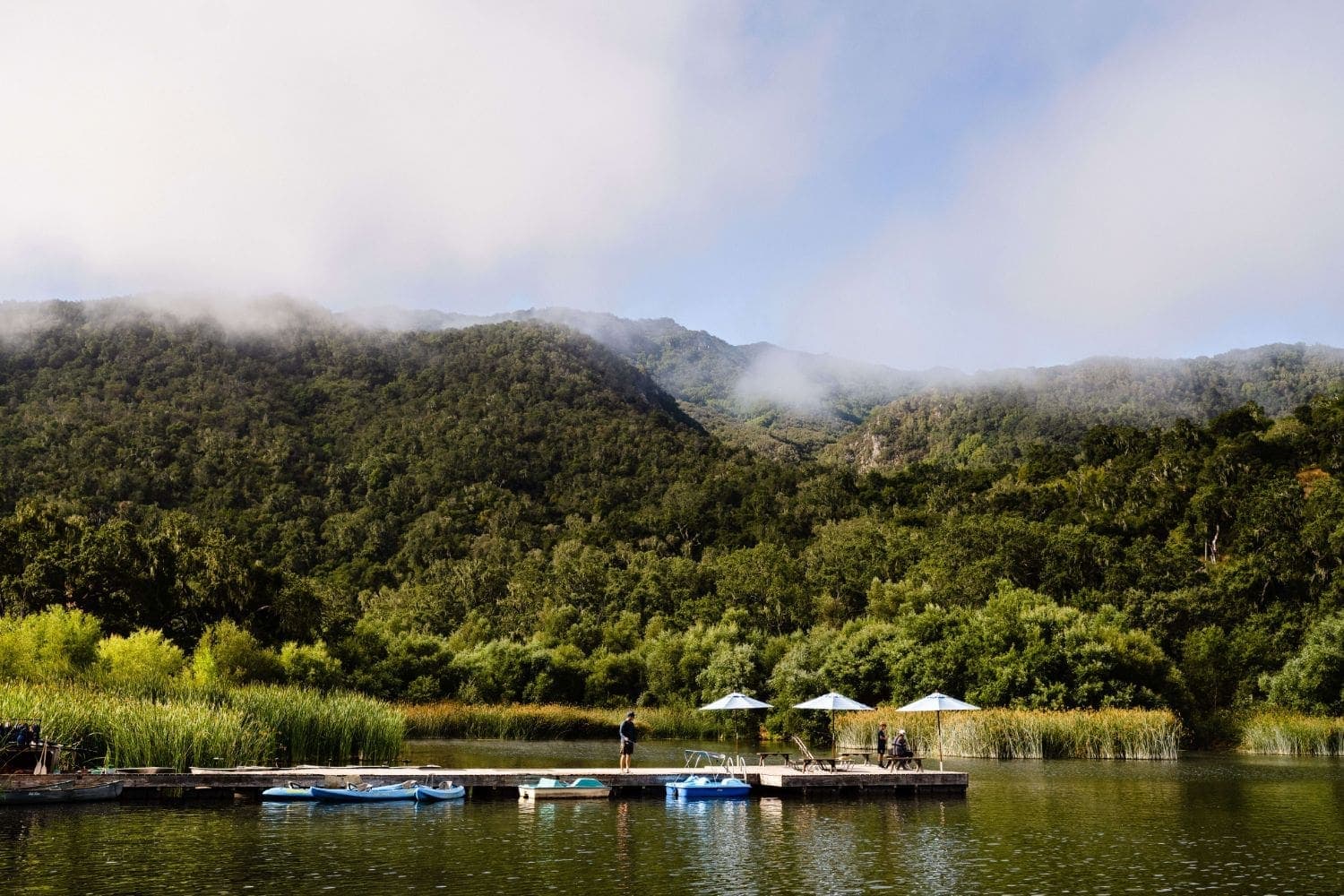 view of mountains and Alisal Lake dock over the water