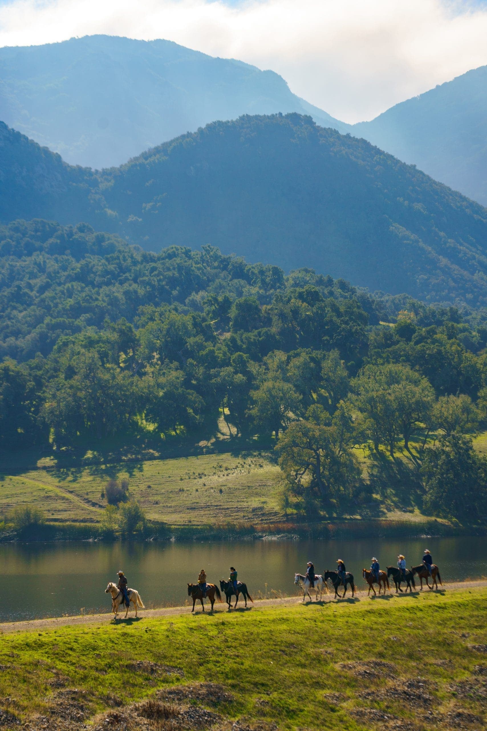 aerial view of landscape and group of people riding horses