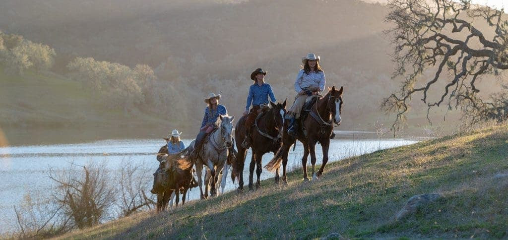 aerial view of landscape and group of people riding horses