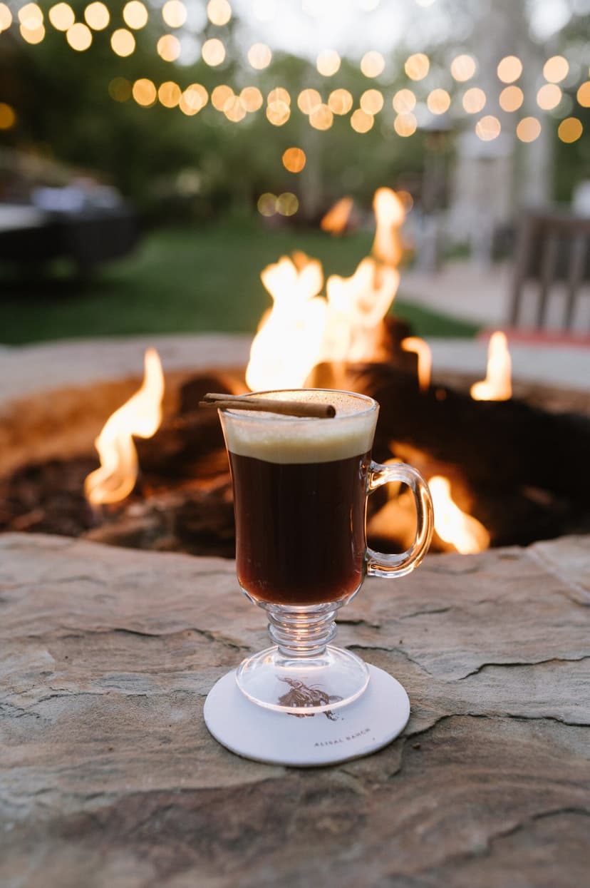 coffee in a class cup beside a lit fire pit