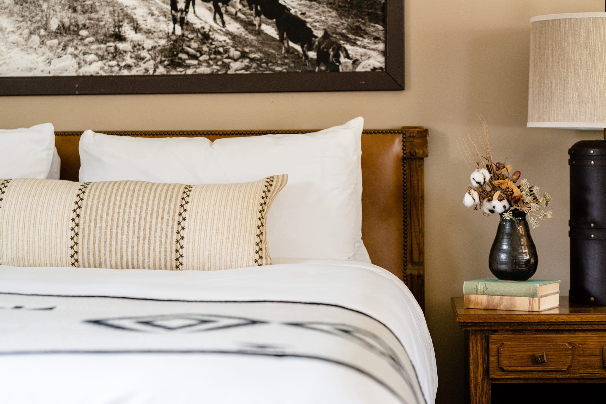 view of bed and side table