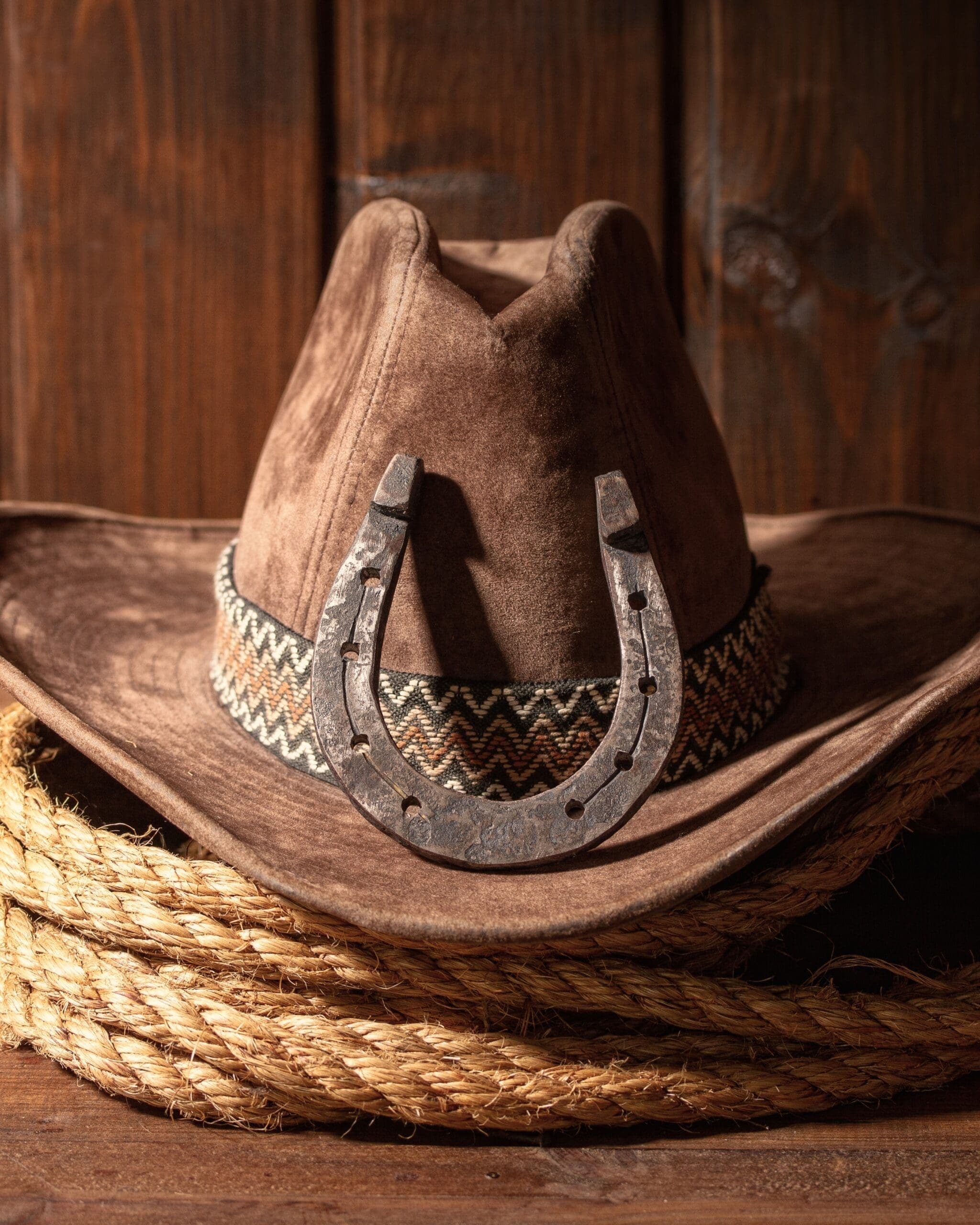 horse shoe leaning on a cowboy hat on top of rope