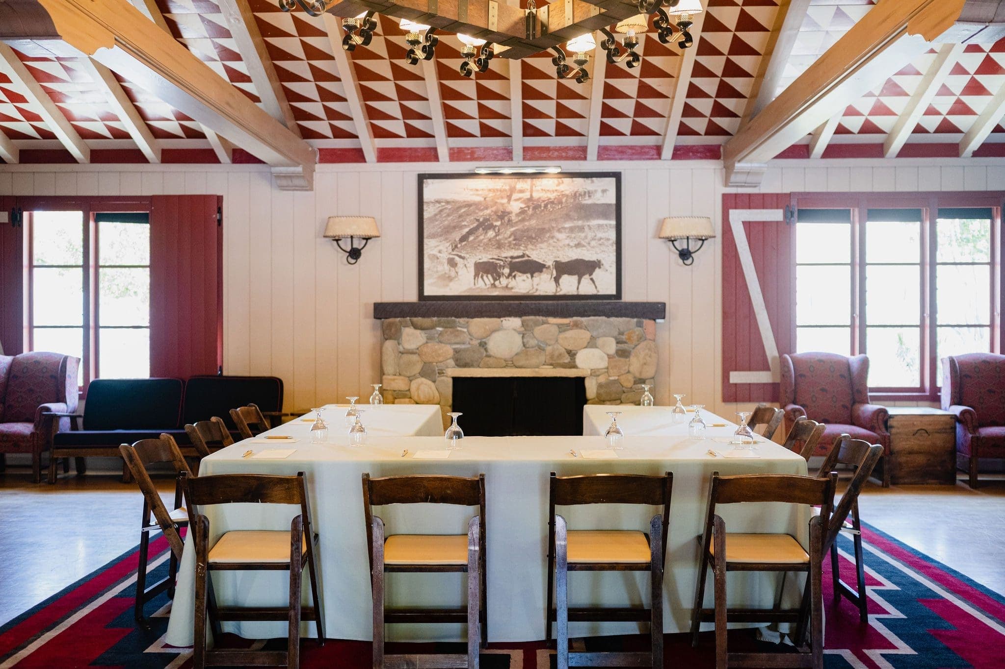 meeting room table by fire place