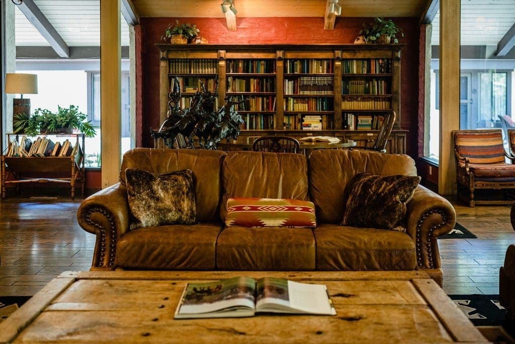 leather couch with bookcase behind