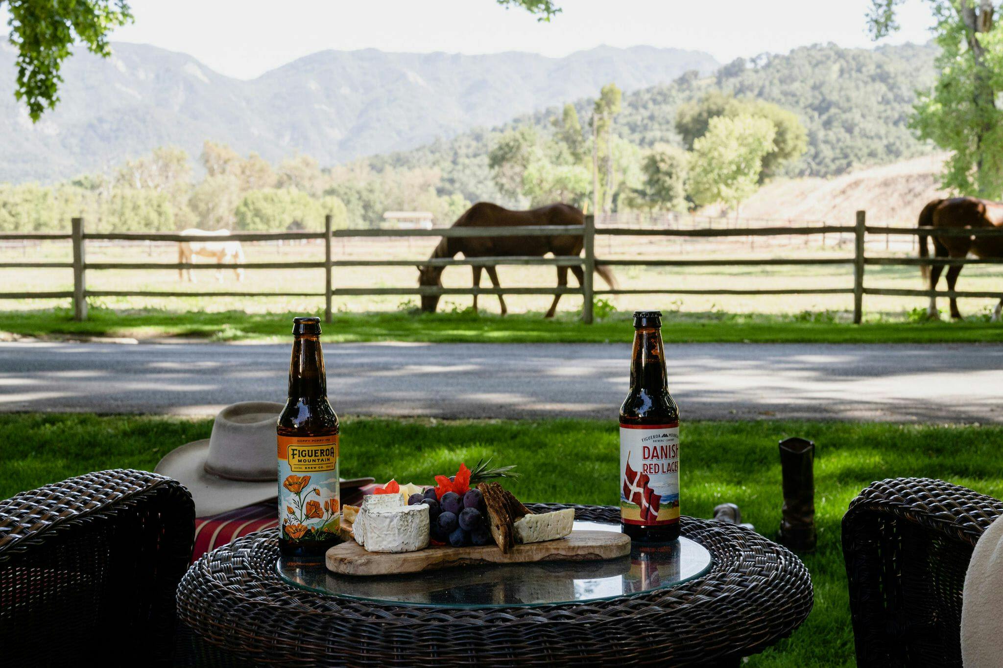 beer and small charcuterie board at the seating area beside the horse paddock