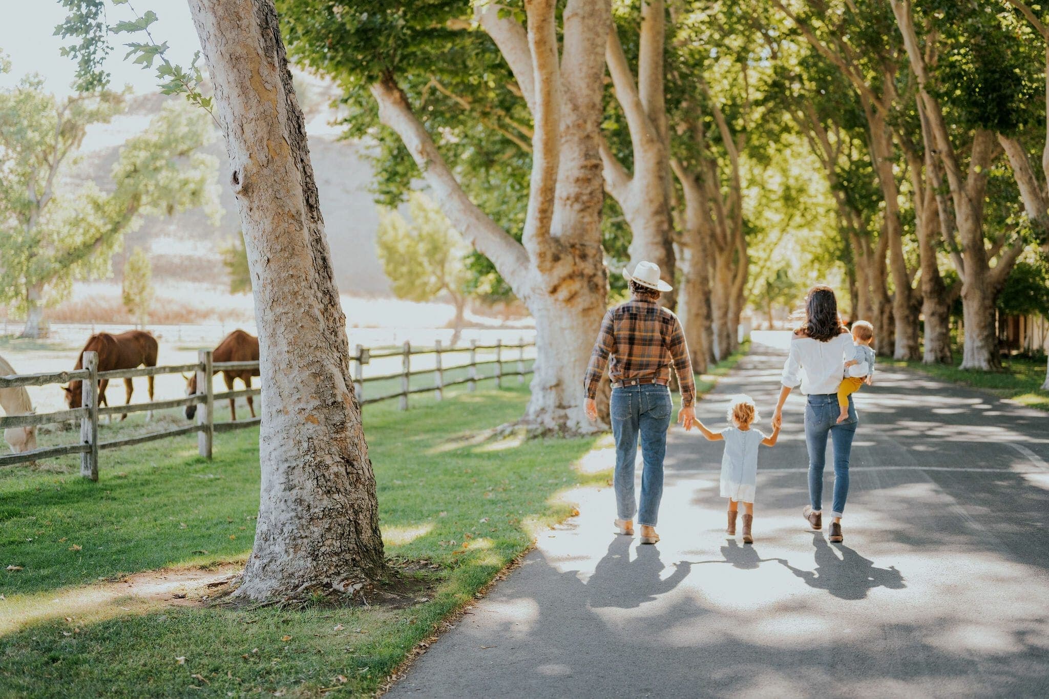 family walking along the road beside the horse paddock